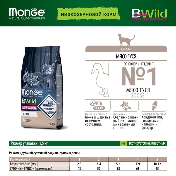Купить Сухой корм Monge Cat BWild LOW GRAIN Kitten, для