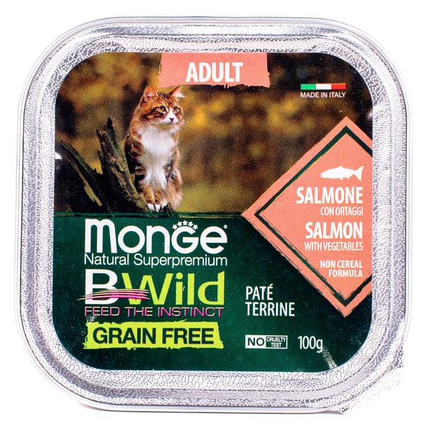 Влажный корм Monge Cat BWild GRAIN FREE для кошек, беззерновой, из лосося с овощами, консервы 100 г